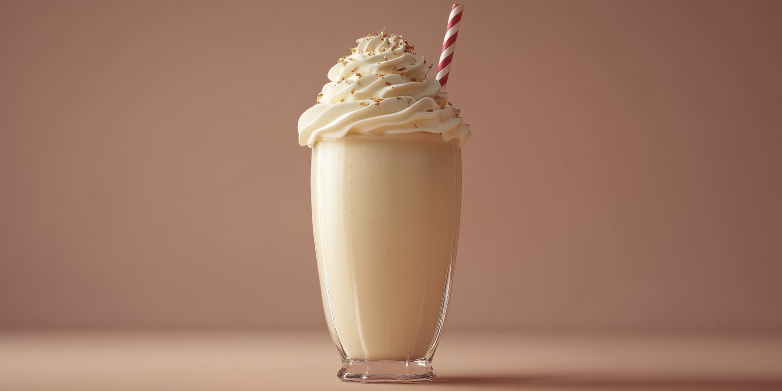 Delicious creamy milkshake topped with whipped cream and a striped straw displayed against a soft backdrop
